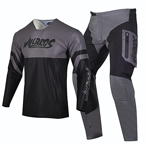 Willbros Kombination aus Motocross Trikot und Hose Herren Offroad Dreckiges Fahrrad MX Ausrüstungsset Reiten Schutzanzug Schwarz Grau (Jersey L Pants 34) von Willbros