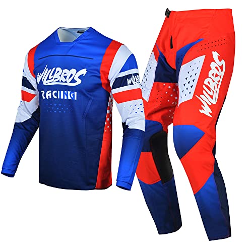 Willbros MX Ausrüstungsset Motocross Jersey Hose Combo Herren Dreckiges Fahrrad Frauen Offroad Reiten Erwachsene Rot Blau (Jersey S Pants 30) von Willbros