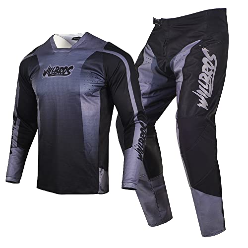 Willbros MX Getriebe Set Motocross Jersey Hose Combo Herren Dirt Bike Frauen Offroad Reiten Erwachsener Schwarz Grau (Jersey XXXL Hosen 40) von Willbros