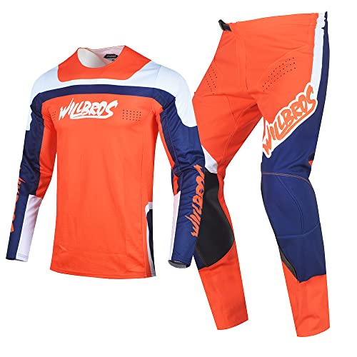 Willbros Männer MX Set Dirt Bike Offroad Motocross Jersey Hose Combo BMX ATV Enduro Blau Orange (Jersey L Pants 34) von Willbros