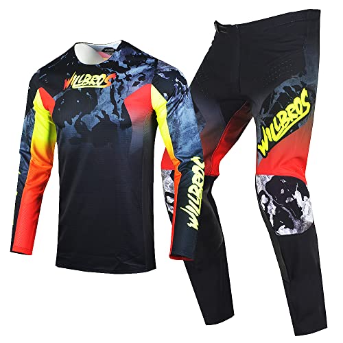 Willbros Männer Motocross Jersey Hose Combo MX Set Offroad Dirt Bike Bergab Enduro Rennen Frauen Erwachsener Schwarz Gelb Rot (Jersey M Pants 32) von Willbros