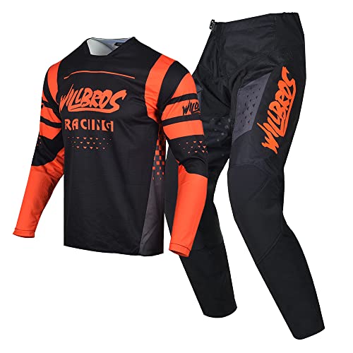 Willbros Motocross Jersey Hose Combo Herren Dreckiges Fahrrad MX Ausrüstungsset Frauen Offroad Reiten Erwachsene Schwarz Orange (Jersey XXL Pants 38) von Willbros