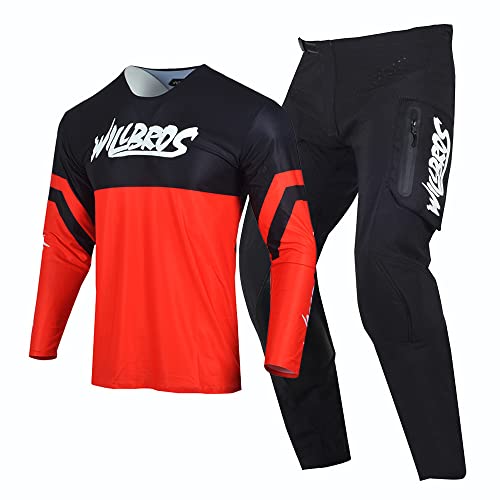 Willbros Motocross Jersey Hose Combo Herren Dreckiges Fahrrad MX Ausrüstungsset Offroad mit Reißverschlusstaschen Erwachsene Rennbekleidung Frauen Schwarz Rot (Jersey XL Pants 36) von Willbros