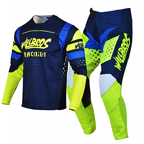 Willbros Motocross Jersey Hose Combo Herren Dreckiges Fahrrad Zahnradsatz MX Offroad Reiten Erwachsene Rennbekleidung Blau Gelb (Jersey S Pants 30) von Willbros