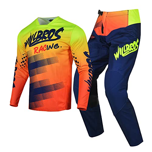 Willbros Motocross Jersey Hose Combo Herren Frauen Schützend MX Ausrüstungsset Dreckiges Fahrrad Offroad Reiten Erwachsene Blau Orange (Jersey S Pants 30) von Willbros