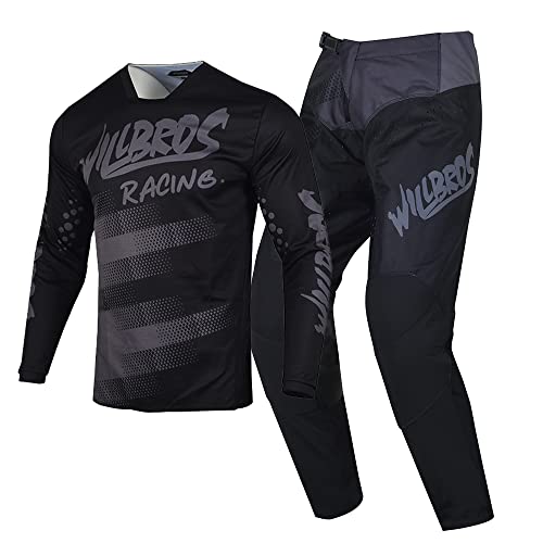 Willbros Motocross Jersey Hose Combo Herren Offroad Dreckiges Fahrrad Reiten MX Ausrüstungsset Rennbekleidung Schwarz Grau (Jersey S Pants 30) von Willbros