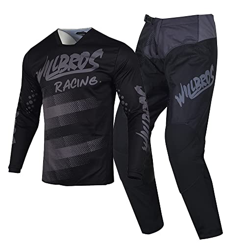 Willbros Motocross Jersey Hose Combo Herren Offroad Dreckiges Fahrrad Reiten MX Ausrüstungsset Rennbekleidung Schwarz Grau (Jersey XXL Pants 38) von Willbros