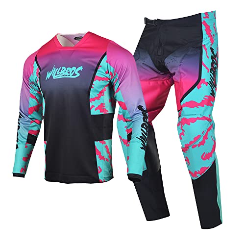 Willbros Motocross Jersey Hose Combo Männer Frauen Dirt Bike MX Getriebe Set Rennbekleidung Reiten Erwachsener Rennen Blau Rosa (Jersey L Pants 34) von Willbros