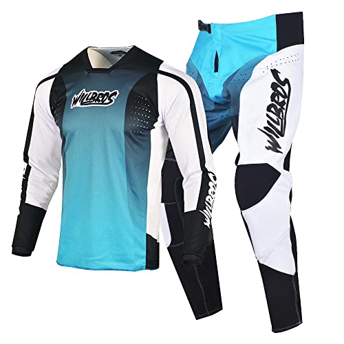 Willbros Motocross Jersey Hose Combo Männer Frauen Motorrad MX Getriebe Set Radfahren Offroad Dirt Bike Erwachsener Reiten BMX ATV Weiß Blau (Jersey S Hosen 30) von Willbros