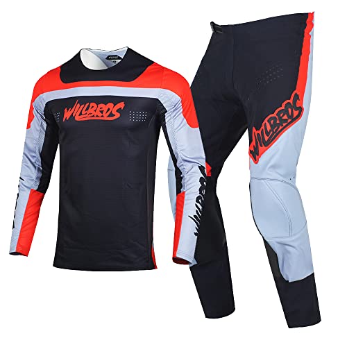 Willbros Motocross Jersey Hose Combo Offroad Dirt Bike MX Set Reiten Männer Erwachsener Schwarz Grau Rot (Jersey M Pants 32) von Willbros