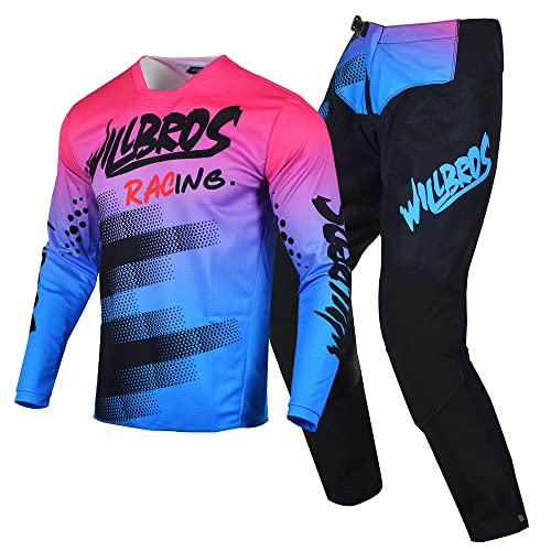 Willbros Motocross Jersey Hose Combo for Herren Erwachsene Offroad Dreckiges Fahrrad MX Ausrüstungsset Frauen Reiten Blau Rosa (Jersey L Pants 34) von Willbros