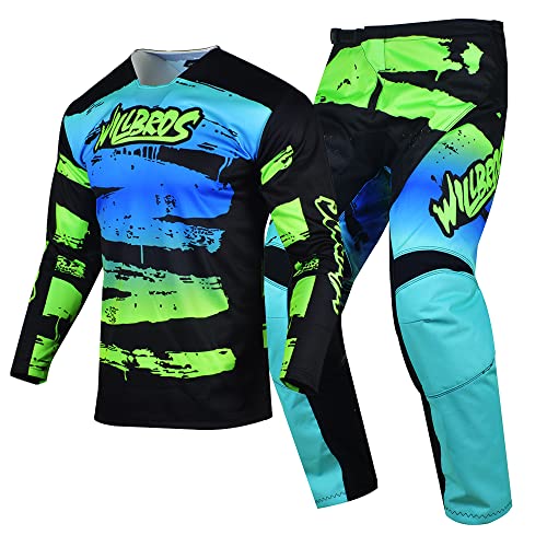 Willbros Motocross Jersey Hose Kombination Herren MX Reitausrüstungsset Offroad Dreckiges Fahrrad Rennbekleidung Radfahren ATV BMX Unisex Erwachsene Schwarz Grün (Jersey XXL Hose 38) von Willbros