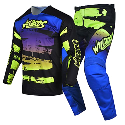 Willbros Motocross Jersey Hose Kombination MX Reitausrüstungsset Herren Motorrad Offroad Dreckiges Fahrrad Radfahren Rennen BMX ATV Gelb Blau (Jersey XXXXL Hose 42) von Willbros