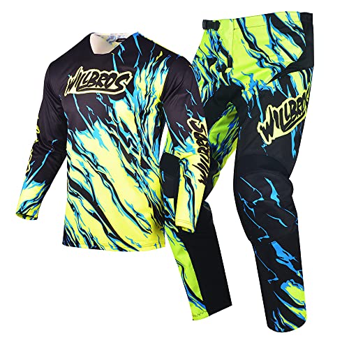 Willbros Motocross Jersey Hose Kombination Männer Frauen MX Reitausrüstung Motorrad Off-road Rennbekleidung Dreckiges Fahrrad Reiten Rennen BMX ATV Limettenblau (Jersey S Hose 30) von Willbros