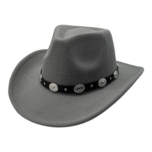 Cowboyhut Damen Herren Westernhut Fedora Hut Breiter Krempe mit Lederband (Grau) von Willheoy