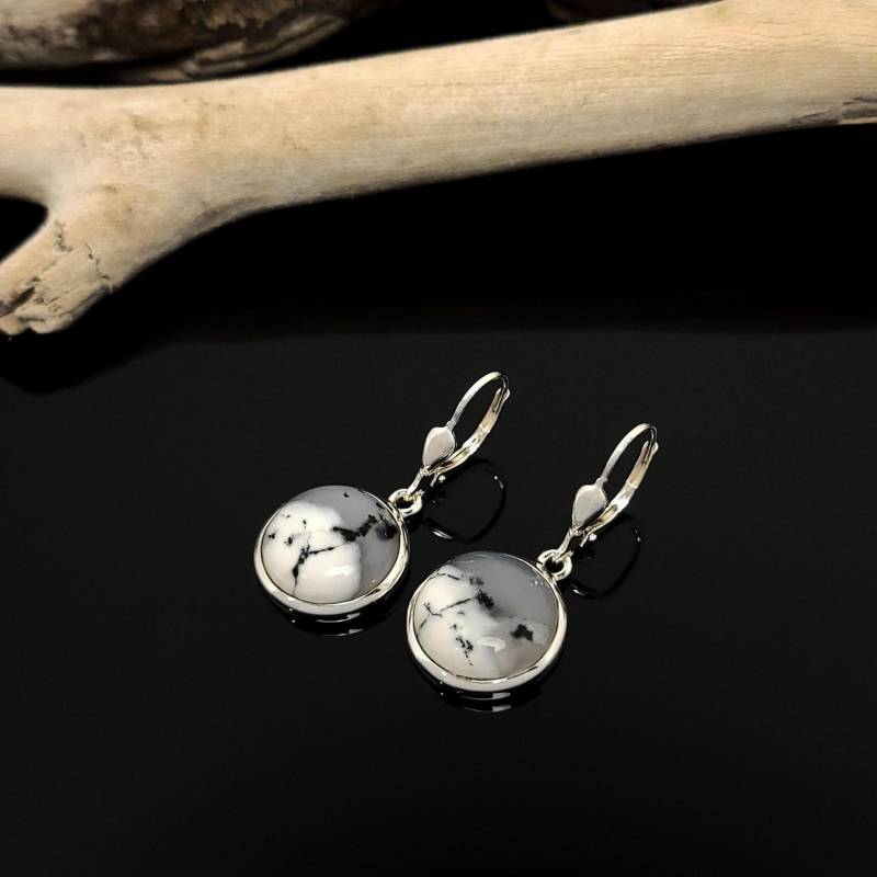 Achat Ohrhänger - Silber Ohrringe Dentritenachat Poliert Mokkastein Quarz Landschaftsachat Sterlingsilber Nickelfrei 925 von WilliamsSchmuck