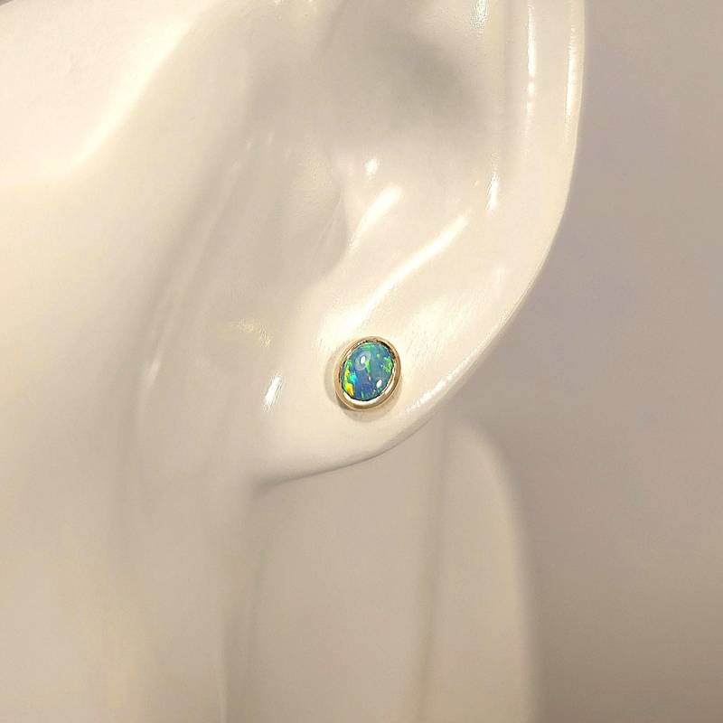 Opal Ohrstecker Gold Ohrringe Cabochon 585 Schmuck Handgefertigt Echtopal Minimalistisch Geschenk Idee Ohrschmuck von WilliamsSchmuck