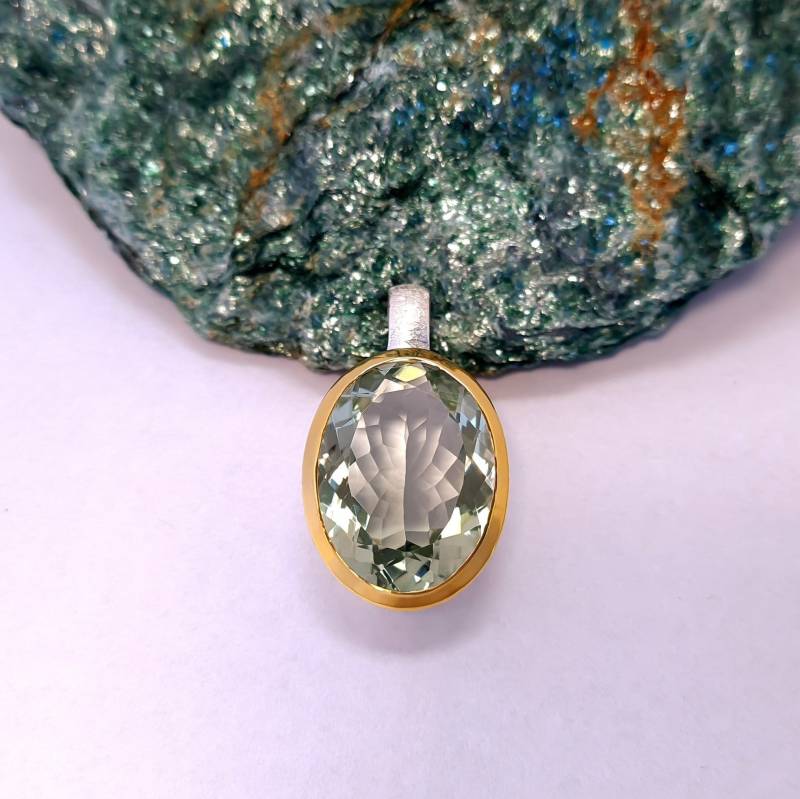 Prasiolith Anhänger Silber 925 - Grüner Amethyst Ovaler Facettiert Vergoldet Ankerkette 45 cm Lang von WilliamsSchmuck