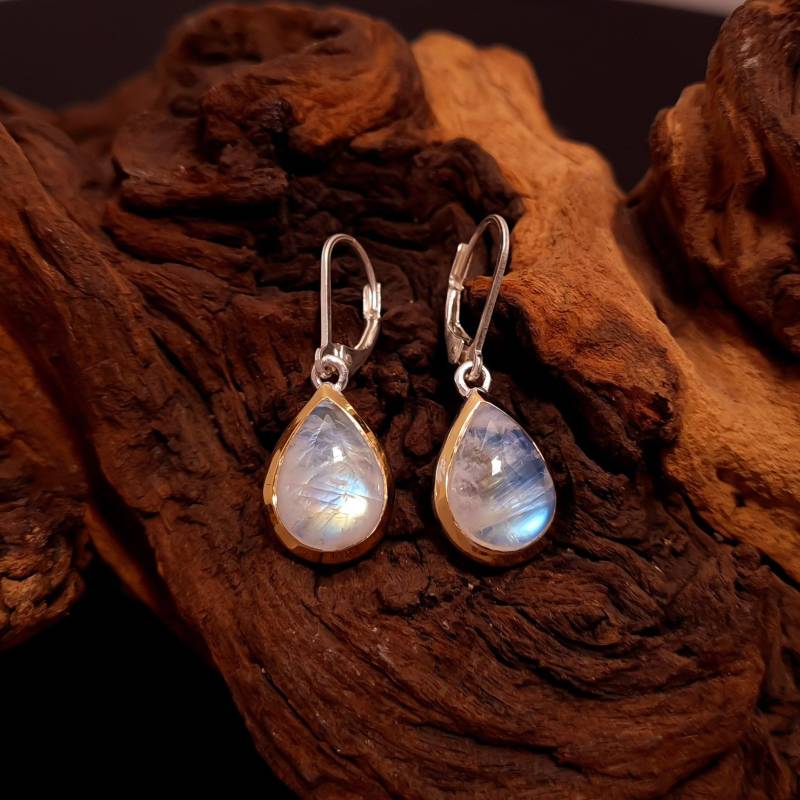 Regenbogen Mondstein Ohrringe - Ohrhänger Silber Blaue Tropfen Cabochon Natürlicher von WilliamsSchmuck