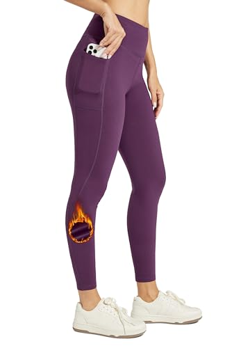 Willit Damen 7/8 Fleece Gefüttert Leggings Petite Hohe Taille Thermo Winter Pants Yoga Laufhose Taschen Lila S von WILLIT