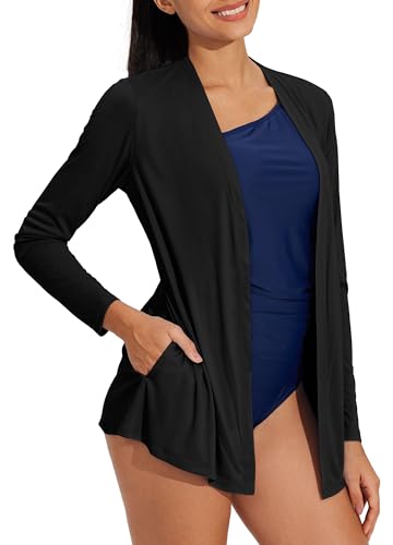 Willit Damen UPF 50+ Cardigan Sonnenhemden Langarm Leicht Sun Wrap mit Taschen LSF UV Quick Dry, Schwarz, XX-Large von WILLIT