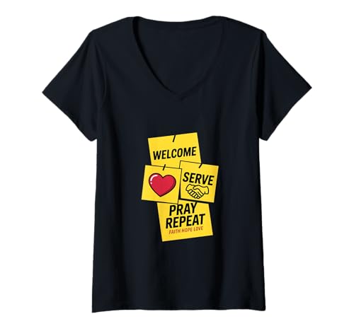 Damen Welcome Serve Pray Repeat Faith Hope Love T-Shirt mit V-Ausschnitt von Willkommen Dienen Beten Wiederholen Glaube