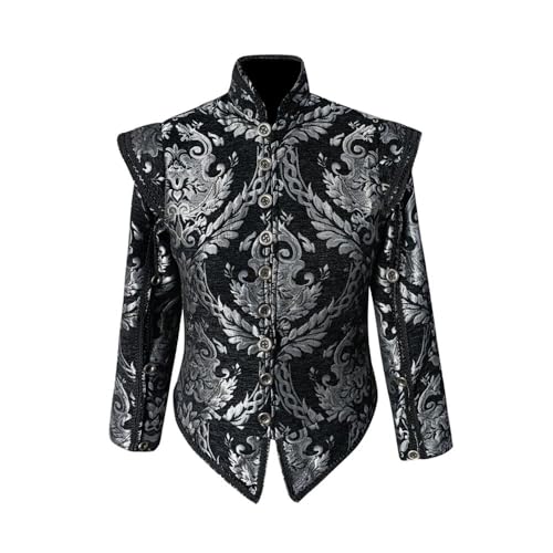 Herren Tudor-Jacke, Mantel, Tudor-Elisabethanische Zeit, Edelkönig, Kolonial-Piratenkostüm, Doublet mit abnehmbaren Ärmeln, Schwarzes Silber, Medium von Willyacos