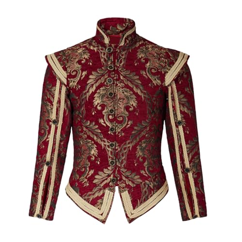 Herren Tudor-Jacke, Mantel, Tudor-Elisabethanische Zeit, Edelkönig, Kolonial-Piratenkostüm, Doublet mit abnehmbaren Ärmeln, Rot/Ausflug, einfarbig (Getaway Solids), XX-Large von Willyacos