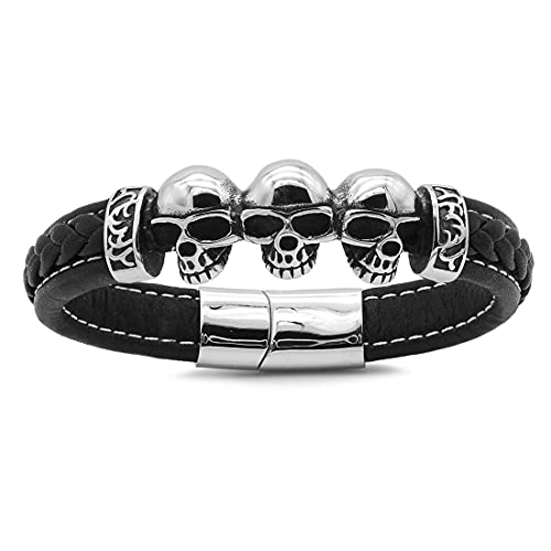 Willys Jewellery Rocker Herren Armband aus Echt-Leder geflochten mit Totenkopf und mit Magnetverschluss aus Edelstahl (19.0) von Willys Jewellery