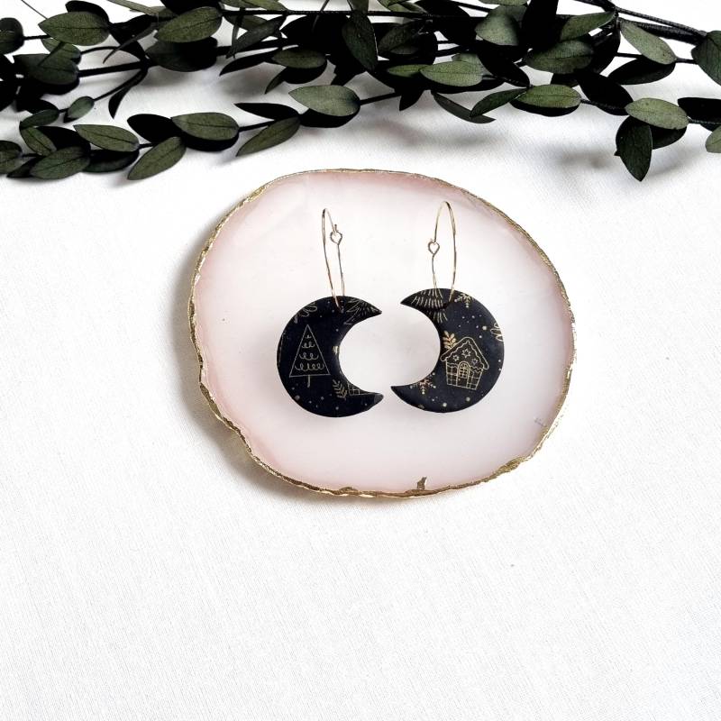 Mond Ohrringe Weihnachten | X-Mas Creolen Polymer Clay Weihnachtsgeschenk Winter Handgefertigt von WilmaSchmucksein