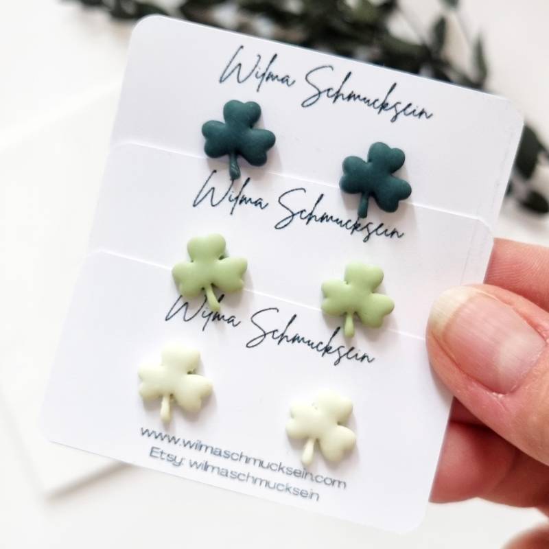 Polymer Clay Ohrstecker Kleeblatt | Ton Ohrringe Weihnachtsgeschenk Blätter Handgefertigt Geburtstagsgeschenk von WilmaSchmucksein