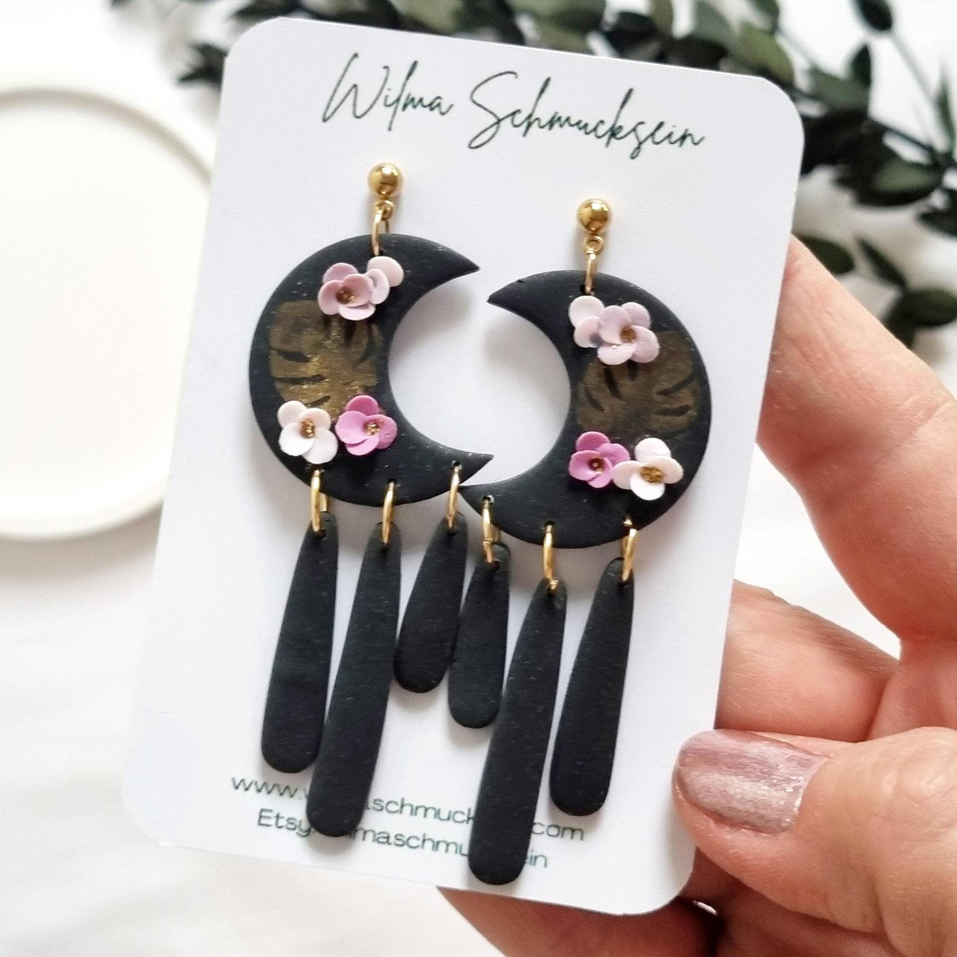 Polymer Clay Ohrstecker Mond Mit Blumen | Ton Ohrringe Sommerohrringe Sommerliche Goldene Handgefertigt Polymer Clay Ohrstecker Mond Mit Blumen | Ton Ohrringe Sommerohrringe Sommerliche Goldene Handgefertigt von WilmaSchmucksein