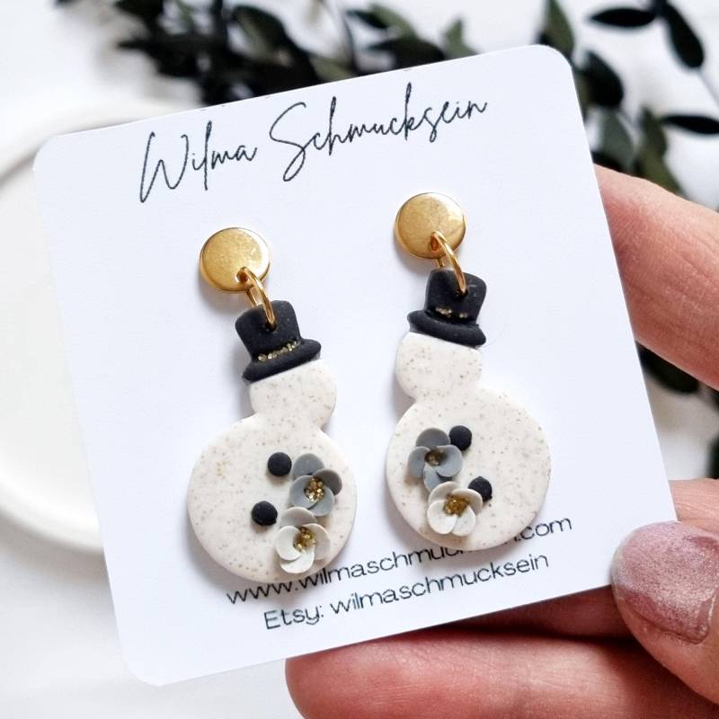 Polymer Clay Ohrstecker Schneemann | Ton Ohrringe Weihnachtsgeschenk Winterliche Goldene Handgefertigt von WilmaSchmucksein