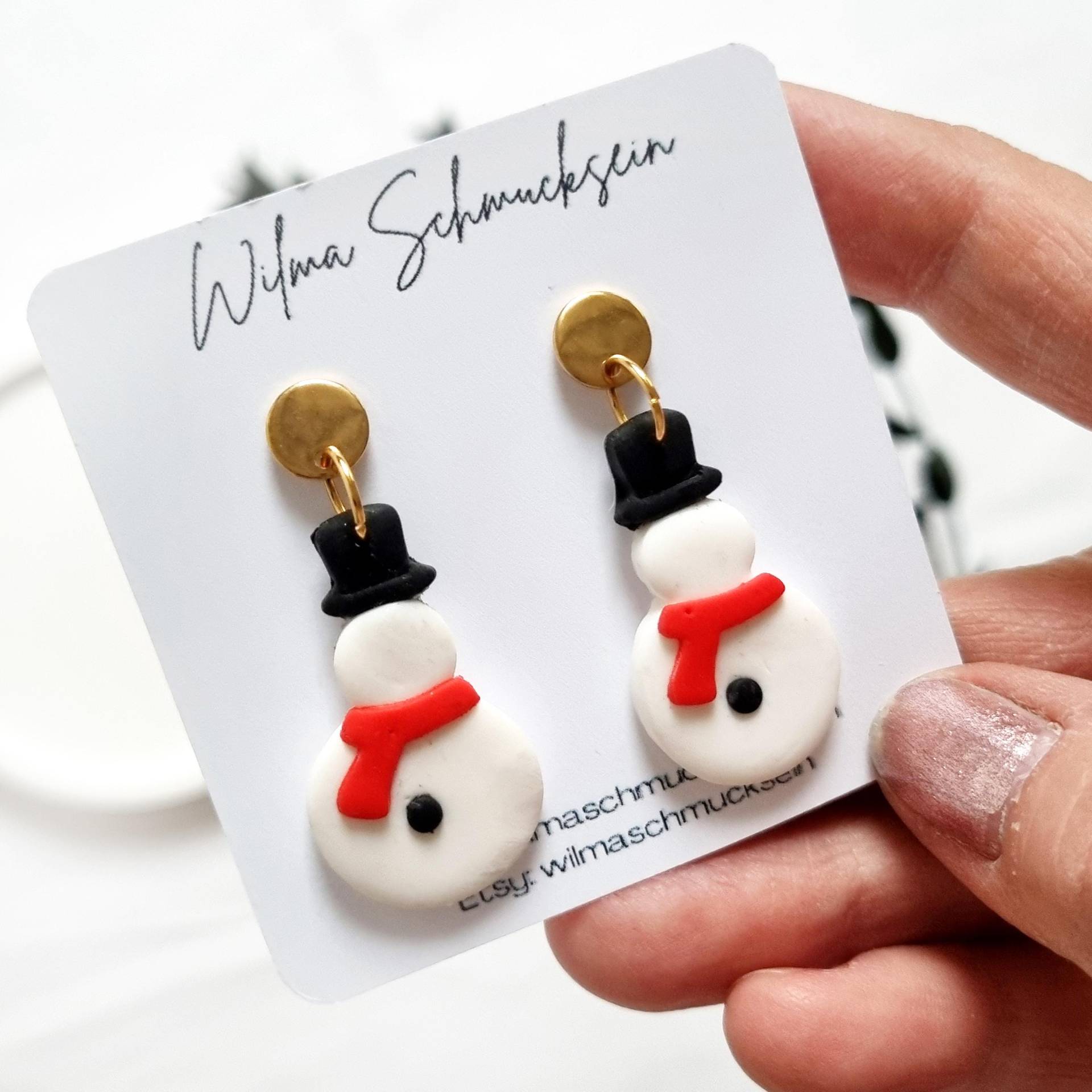 Polymer Clay Ohrstecker Schneemann | Ton Ohrringe Weihnachtsgeschenk Winterliche Goldene Handgefertigt von WilmaSchmucksein