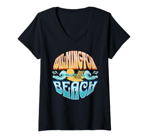 Damen Wilmington T-Shirt mit V-Ausschnitt von Wilmington Beach North Carolina Surfing Surf Retro