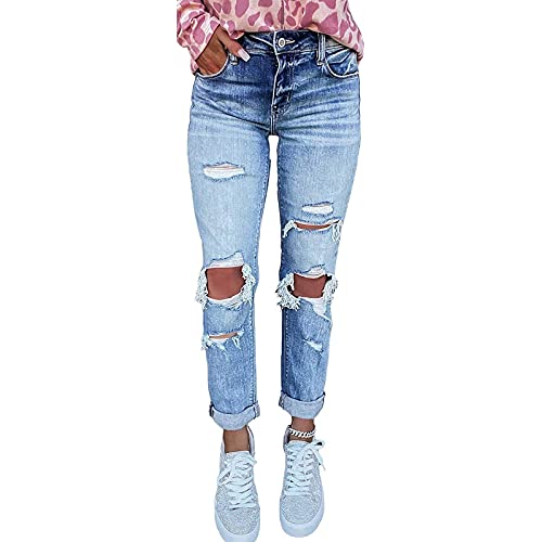 Damen Skinny Stretch Jeanshosen Schick Zerrissene Destroyed mit Löchern Jeans High Waist Boyfriend Hose Kurzhose Slim Fit Röhrenjeans Casual Basic Rissen Löcher Ankle Jeanshosen von Wilp