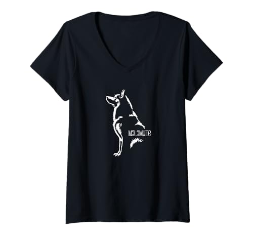 Damen Alaskan Malamute Portrait Silhouette Hund Schlittenhunde T-Shirt mit V-Ausschnitt Damen Alaskan Malamute Portrait Silhouette Hund Schlittenhunde T-Shirt mit V-Ausschnitt von Wilsigns Alaskan Malamute Designs
