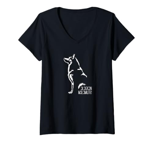 Damen Alaskan Malamute Portrait Silhouette Hund Schlittenhunde T-Shirt mit V-Ausschnitt Damen Alaskan Malamute Portrait Silhouette Hund Schlittenhunde T-Shirt mit V-Ausschnitt von Wilsigns Alaskan Malamute Designs
