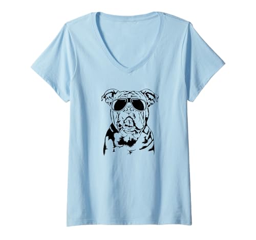 Damen Cooler American Bulldog Hund mit Sonnenbrille Hunde T-Shirt mit V-Ausschnitt Damen Cooler American Bulldog Hund mit Sonnenbrille Hunde T-Shirt mit V-Ausschnitt von Wilsigns American Bulldog Designs