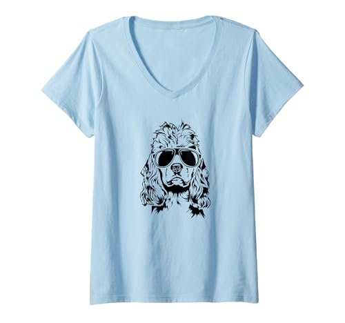 Damen Cooler American Cocker Spaniel Hund mit Sonnenbrille Hunde T-Shirt mit V-Ausschnitt von Wilsigns American Cocker Spaniel Designs