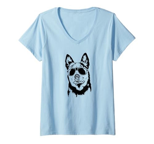 Damen Cooler Australian Cattle Dog Hund mit Sonnenbrille Hunde T-Shirt mit V-Ausschnitt Damen Cooler Australian Cattle Dog Hund mit Sonnenbrille Hunde T-Shirt mit V-Ausschnitt von Wilsigns Australian Cattle Dog Designs