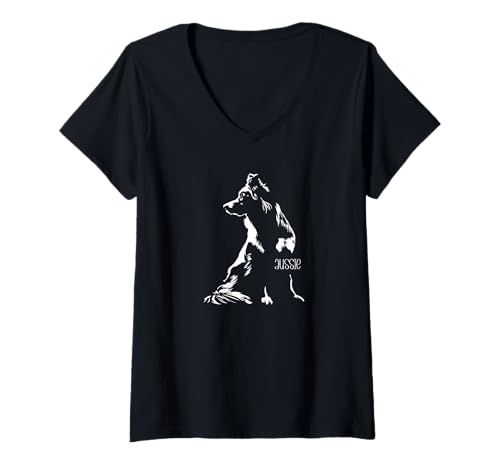 Damen Australian Shepherd Portrait Silhouette Hund Aussie Hütehund T-Shirt mit V-Ausschnitt von Wilsigns Australian Shepherd Designs
