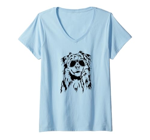Damen Cooler Australian Shepherd Hund mit Sonnenbrille Aussie T-Shirt mit V-Ausschnitt von Wilsigns Australian Shepherd Designs