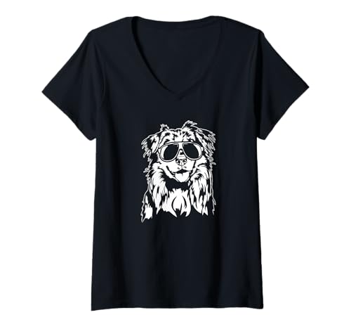 Damen Cooler Australian Shepherd Hund mit Sonnenbrille Aussie T-Shirt mit V-Ausschnitt Damen Cooler Australian Shepherd Hund mit Sonnenbrille Aussie T-Shirt mit V-Ausschnitt von Wilsigns Australian Shepherd Designs