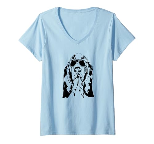 Damen Cooler Basset Hound Hund mit Sonnenbrille Hound Jagdhunde T-Shirt mit V-Ausschnitt Damen Cooler Basset Hound Hund mit Sonnenbrille Hound Jagdhunde T-Shirt mit V-Ausschnitt von Wilsigns Basset Hound Designs