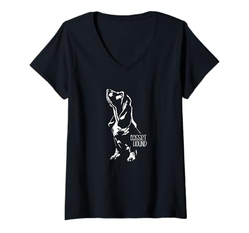 Damen Lustiger Basset Hound Portrait Silhouette Hund Hunde T-Shirt mit V-Ausschnitt Damen Lustiger Basset Hound Portrait Silhouette Hund Hunde T-Shirt mit V-Ausschnitt von Wilsigns Basset Hound Designs
