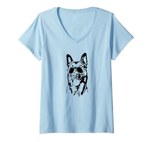 Damen Cooler Malinois Hund mit Sonnenbrille Schäferhund Hunde T-Shirt mit V-Ausschnitt Damen Cooler Malinois Hund mit Sonnenbrille Schäferhund Hunde T-Shirt mit V-Ausschnitt von Wilsigns Belgischer Schäferhund Malinois Designs