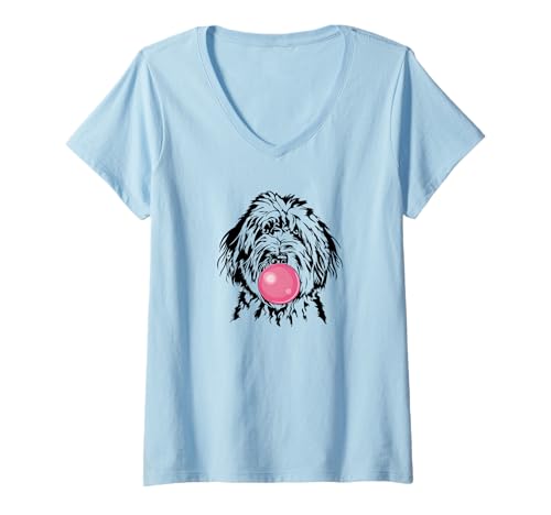 Damen Lustiger Bobtail Portrait Hund Hütehunde Hunde T-Shirt mit V-Ausschnitt von Wilsigns Bobtail Designs