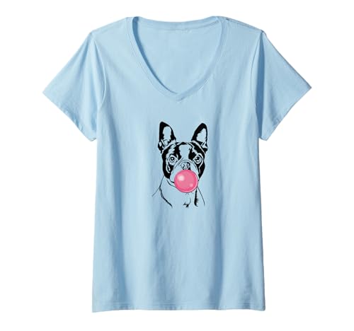 Damen Lustiger Boston Terrier Portrait Hundeportrait Hund Hunde T-Shirt mit V-Ausschnitt Damen Lustiger Boston Terrier Portrait Hundeportrait Hund Hunde T-Shirt mit V-Ausschnitt von Wilsigns Boston Terrier Designs