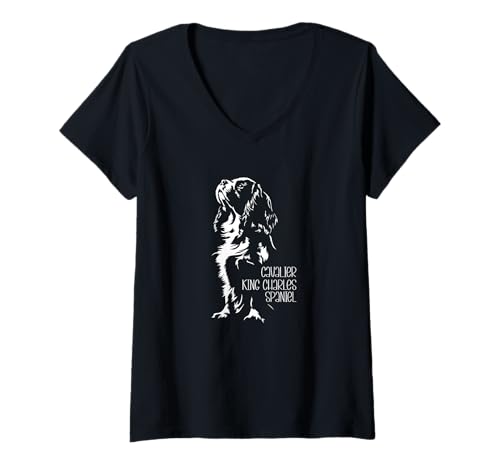 Damen Cavalier King Charles Spaniel Portrait Silhouette Hunde T-Shirt mit V-Ausschnitt von Wilsigns Cavalier King Charles Spaniel Designs